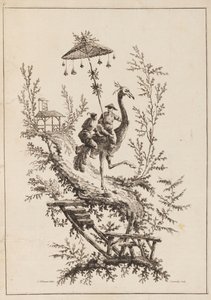 Strutsi Rirders, lautanen Chinoiserie-esityssarjasta tekijältä Jean Baptiste Pillement