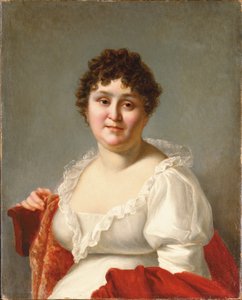 Madame Regnaultin muotokuva, rintakuva, valkoisessa mekossa ja kakihuivissa (öljy kankaalle) tekijältä Jean Baptiste Regnault