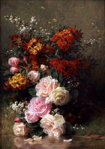 Kesäkukat (myös ruusut ja geraniumit). Jean Baptiste Robien (1821-1910) maalaus Yksityiskokoelma.