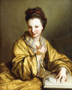 Nuori nainen, yllään keltainen kaapu, istuu pöydän ääressä, Beckoning, 1703 tekijältä Jean Baptiste Santerre