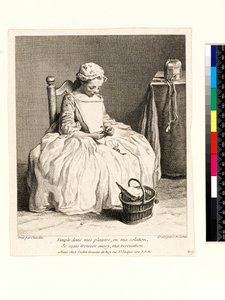 Pikkutyttö lounaansa kanssa (La Petite Fille aux Cerises), kaiverrus Charles Nicolas Cochin I (1688-1754) 1738 (etsaus ja kaiverrus) tekijältä Jean Baptiste Simeon (after) Chardin
