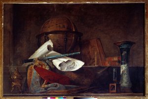 Tieteen allegoria Asetelma, maapallo, maantieteelliset kartat, kirjat ja maljakko. Jean Baptiste Simeon Chardinin (1699-1779) maalaus 1700-luvun Pariisi, Musee Jacquemart Andre tekijältä Jean Baptiste Simeon Chardin