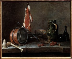 Rasvamenu ja keittiövälineet. Asetelma. Jean Baptiste Simeon Chardinin (1699-1779) maalaus tekijältä Jean-Baptiste Simeon Chardin