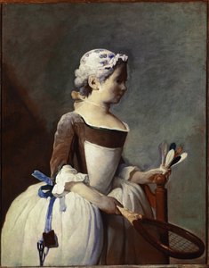 Tyttö mailalla ja sulkapallolla (öljy kankaalle, n. 1737) tekijältä Jean Baptiste Simeon Chardin
