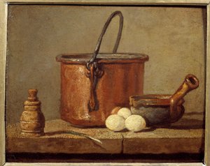 Keittiövälineet, pata, poelon ja munat Jean baptiste Simeon Chardinin (1699-1779) maalaus 1700-luvun su. 0,21 x 0,17 m tekijältä Jean Baptiste Simeon Chardin