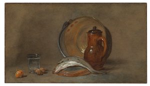 Asetelma kalan ja kupariruukun kanssa tekijältä Jean Baptiste Simeon Chardin
