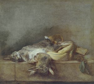 Asetelma kanien kanssa, pelilaukku ja ruutisarvi, n. 1755 tekijältä Jean Baptiste Simeon Chardin