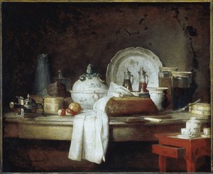 Upseerien sotku tai Lounasjälkiruokajuhlien jäänteet (öljy kankaalle, n. 1763) tekijältä Jean Baptiste Simeon Chardin