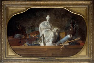 Attribuutit Arts Allegory of Arts kanssa kuvanveistäjä työkaluja, patsas. Jean Baptiste Simeon Chardinin (1699-1779) maalaus 1765 su. 0,91x1,45 m tekijältä Jean Baptiste Simeon Chardin