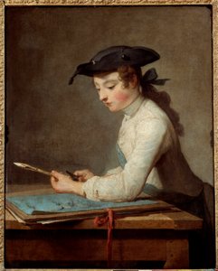 Nuori sarjakuvapiirtäjä veistämällä kynää. Jean Baptiste Simeon Chardinin (1699-1779) maalaus tekijältä Jean Baptiste Simeon Chardin