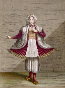 A Girl of Naxos, levy 71 Charles de Ferriolin kokoelmasta "Sata vedosta, jotka edustavat Levantin eri kansakuntia", kaiverrus Gerard Scotin (1671-1716), 1707-08 (värillinen engra) tekijältä Jean Baptiste Vanmour
