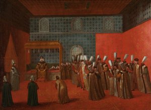 Suurlähettiläs Cornelis Calkoen yleisöllään sulttaani Ahmed III:n kanssa Suurlähettiläs Cornelis Calkoen yleisössä sulttaani Ahmed III:n kanssa 14. syyskuuta 1727 tekijältä Jean Baptiste Vanmour