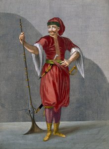 Albanialainen sotilas, levy 78 Charles de Ferriolin teoksesta "Sata vedosta, jotka edustavat Levantin eri kansakuntia", kaiverrus Gerard Scotin (1671-1716), 1707-08 (värillinen e tekijältä Jean Baptiste Vanmour