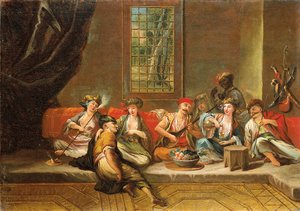 Kreikkalaiset merimiehet iloitsevat sisätiloissa tekijältä Jean Baptiste Vanmour