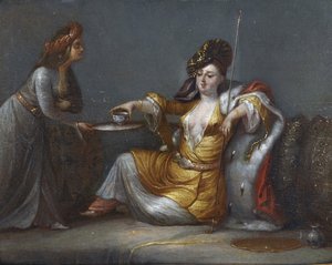 ""Sultana ottaa kahvia"" (Sultana ottaa kahvia) Maalaus Jean Baptiste (Jean-Baptiste) Vanmourin (Van Mour) koulusta (1671-1737) Yksityinen kokoelma tekijältä Jean Baptiste Vanmour