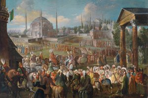 Sulttaanin kulkue Istanbulissa - Jean Baptiste van Mourin (Jean-Baptiste Vanmour) maalaus (1671-1737), noin 1736 - Sulttaanin kulkue Istanbulissa - Jean Baptiste van Mourin (Vanmour) (1671-1737) öljy kankaalle, c17367 - 62x93 cm - Yksityiskokoelma tekijältä Jean Baptiste Vanmour