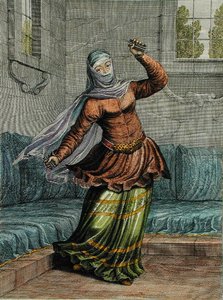 Tchinguis eli turkkilainen tanssija, levy 54 kokoelmasta "Collection of Cent Estampes, jotka edustavat Levantin eri kansoja, jotka on piirretty maalauksille luonnosta..." tekijältä Jean Baptiste Vanmour