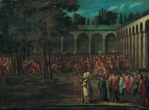 Suurlähettiläsvaltuuskunta kulkee Topkapın palatsin toisen sisäpihan läpi. tekijältä Jean Baptiste Vanmour