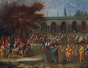 Sulttaani Ahmed III vastaanottaa Alankomaiden suurlähettilään seurueneen Topkapin palatsissa Istanbulissa tekijältä Jean Baptiste Vanmour