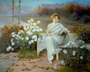 Antiikin Rooma: "Reverie" Nuori nainen istuu penkillä kukkivassa puutarhassa, katse ajatuksiin vaipuneena. Jean Beauduinin (1851-1916) maalaus 1901 Yksityiskokoelma. tekijältä Jean Beauduin