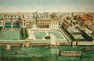 Prospect of Somerset House from the River, "Collection of Prospects" (värillinen kaiverrus) (katso myös 94450) tekijältä Jean Benoit Winckler