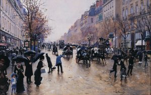 Boulevard Poissonière sateella, n. 1880 (öljy kankaalle). tekijältä Jean Beraud