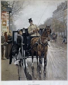 Tyylikäs nainen vaunuissa Pariisissa: "We returnees" - kuvitus Jean BERAUD (1849 - 1935), 1800-luvun loppu. tekijältä Jean Beraud