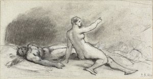 Alaston nainen istuu alaston miehen kanssa unessa (recto); Naisen vartalo takaa katsottuna (verso) tekijältä Jean Beraud
