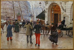 Boulevard des Capucines ja Theatre du Vaudeville, Pariisi (maalaus kankaalle) tekijältä Jean Beraud