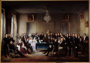 Runoilija ja näytelmäkirjailija Francois Guillaume Andrieux lukee tragediansa Junius Brutus "" Comedie Francaisen aulassa 26.5.1828" Lahjoissa Alexandre Dumas, Pierre Nicolas Michelot, Jean Francois Becquerel, Firmin, Victor Hugo, Eugene tekijältä Jean Beraud