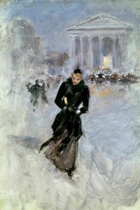 Nuori tyylikäs nainen boalla rue Royalella Pariisissa Jean Beraud
