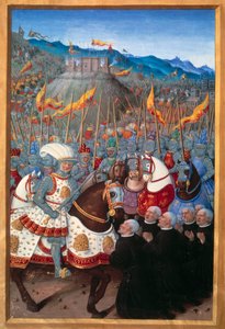 Ludvig XII (1462-1515) sai kuusi porvaria Genesistä polvistumaan (25. huhtikuuta 1507). Jean Bourdichonin (1457? - 1521) pienoismalli teoksessa "" Voyage de Genes"" (Folio 20v), kirjoittanut Jean Marot, v.1508. Paris, B N