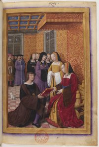Voyage de Gênes -teoksen miniatyyri omistus: Jean Marot esittelee teoksensa Bretagnen Annalle.