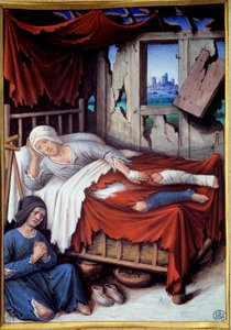 Köyhän miehen kuolema. Nainen kuolevan miehen sängyn vieressä, rukoile. Jean Bourdichonin maalaus (v.1457-1521)