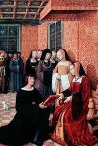 Runoilija Jean Marot (1450-1526) luovuttamassa teoksensa Matka Genovaan Bretagnen Annelle (1477-1514), n. 1508, Jean Bourdichonin (1457-1521) miniatyyri. Ranska