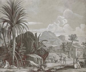 Lähdössä kävelylle, tapettipaneeli sarjasta "Paul et Virginie", kirjoittaja Dufour & Cie, n. 1823