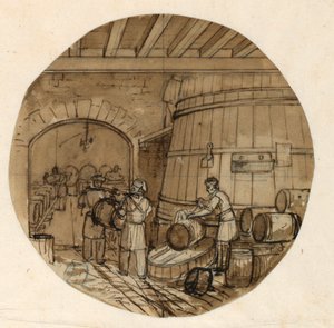 Piirustus, piirustus maalattua posliinilautasta varten, viinitislaamon sisätila, 1831-44.