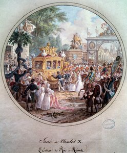 Kuningas Kaarle X:n saapuminen Reimsiin, toukokuu 1825. Kaiverrus Jean Charles Develly (1783-1849)