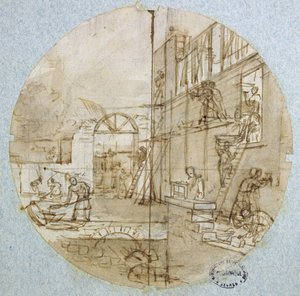 Vapaamuurarien työpaja, lautassuunnittelu eri ammatteja kuvaavaan palveluun, n. 1820-35 (kynä ja muste sekä pesu ja guassi paperille)