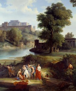 Homeren Odyssee: "" Ulysses näkee Nausicaan, kuningas Alcinoosin tyttären, pelaavan palloa seuraajiensa kanssa"" Yksityiskohta. Jean Charles Remondin (1795-1875) maalaus 1830 Nantes, Musee des Beaux Arts