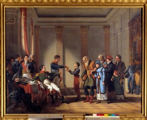 Keisari Napoleon I:n (1769-1821) hyväntekeväisyys Puolan kampanjan aikana tammikuussa 1807: Keisari antoi sadan napoleonin eläkkeen 117-vuotiaalle Nerockille John Charles Tardieun (1765-1830) maalaus 1800-luvun su. 1,15x1,46 m - Keisarikunnan hyväntahtoine