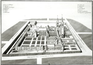 Näkymä Saint-Germain-des-Presin luostarista ennen vuotta 1640, kaiverrettu Antoine Herisset (1685-1769) tekijältä Jean Chaufourier