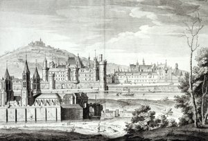 Näkymä Saint-Germain-des-Presin luostarista, Louvresta, Petit Bourbonista, Montmartresta ja Seine-joesta vuonna 1410, kaiverrettu Antoine Herisset (1685-1769) tekijältä Jean Chaufourier