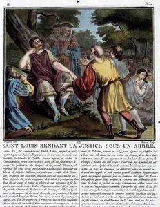 Pyhä Ludvig (1215-70) antaa oikeutta puun alla, kaivertaja Jean Baptiste Morret (1790-1820) 1789 (värillinen kaiverrus). tekijältä Jean Claude (after) Naigeon