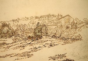Pavillon de Musique de la Comtesse du Barry Louveciennesissä, Pariisissa (kynä, kynä ja muste vesivärillä paperilla) tekijältä Jean Claude (attr. to) Nattes