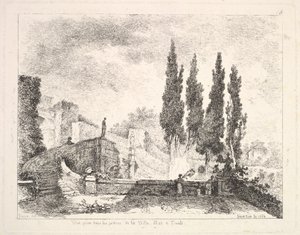 Näkymä Villa dEsten puutarhaan Tivolissa, kyprospuut oikealla, portaat..., 1764.