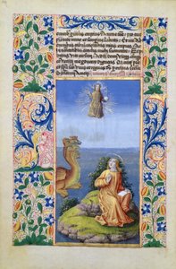 neiti Lat. Q.v.I.126 f.96v Pyhä Johannes evankelista Patmoksen saarella, Louis dOrleansin tuntikirjasta, 1469 tekijältä Jean Colombe