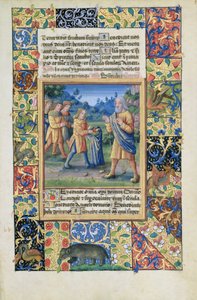 neiti Lat. Q.v.I.126 fol.21 Josephin veljet näyttämässä isälleen todisteita siitä, että Joseph on kuollut, Louis dOrleansin tuntikirjasta, 1490 tekijältä Jean Colombe