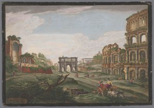 Näkymä Konstantinuksen kaaren ja Colosseumin raunioista Roomassa Rome ancienne (otsikko esineessä) tekijältä Jean Daullé