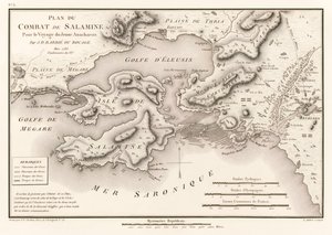 Jean Denis Barbie du Bocagen (1760-1825) kirjasta Voyage du Jeune Anacharsis en Grece (Anan matkat) Pour le Voyage du Jeune Anacharsis (Salamin taistelun suunnitelma 480 eKr.) tekijältä Jean Denis Barbie du Bocage